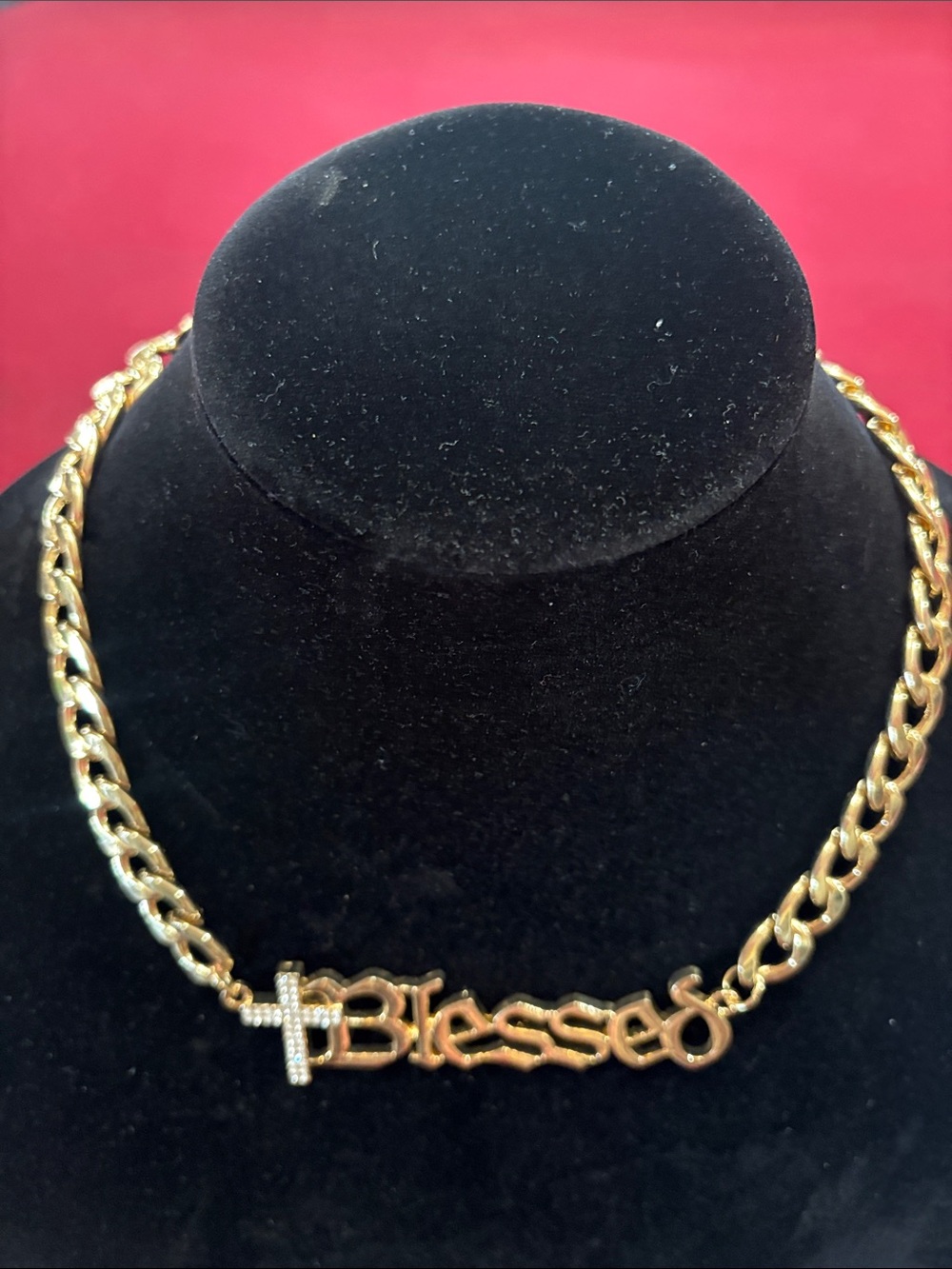 Fashion Jewelry Gold-Tone "Blessed" Script Necklace with Cross Accent